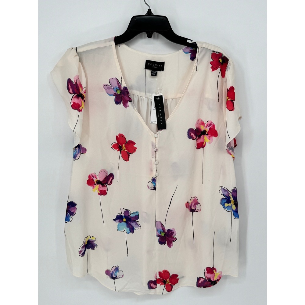 Premise Woman Blouse Women 2X Cream  Floral V-Neck Flutter Sleeve Button Front